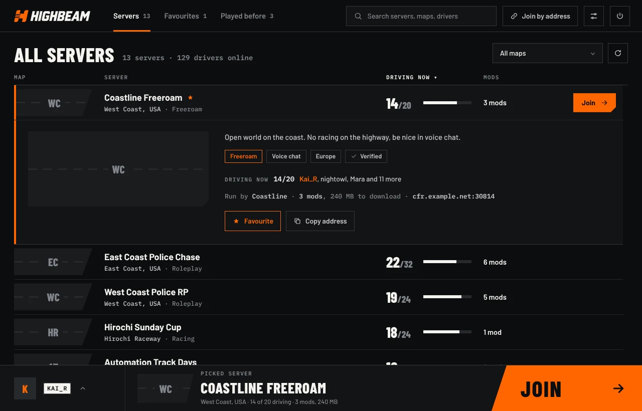 The HighBeam launcher's server list